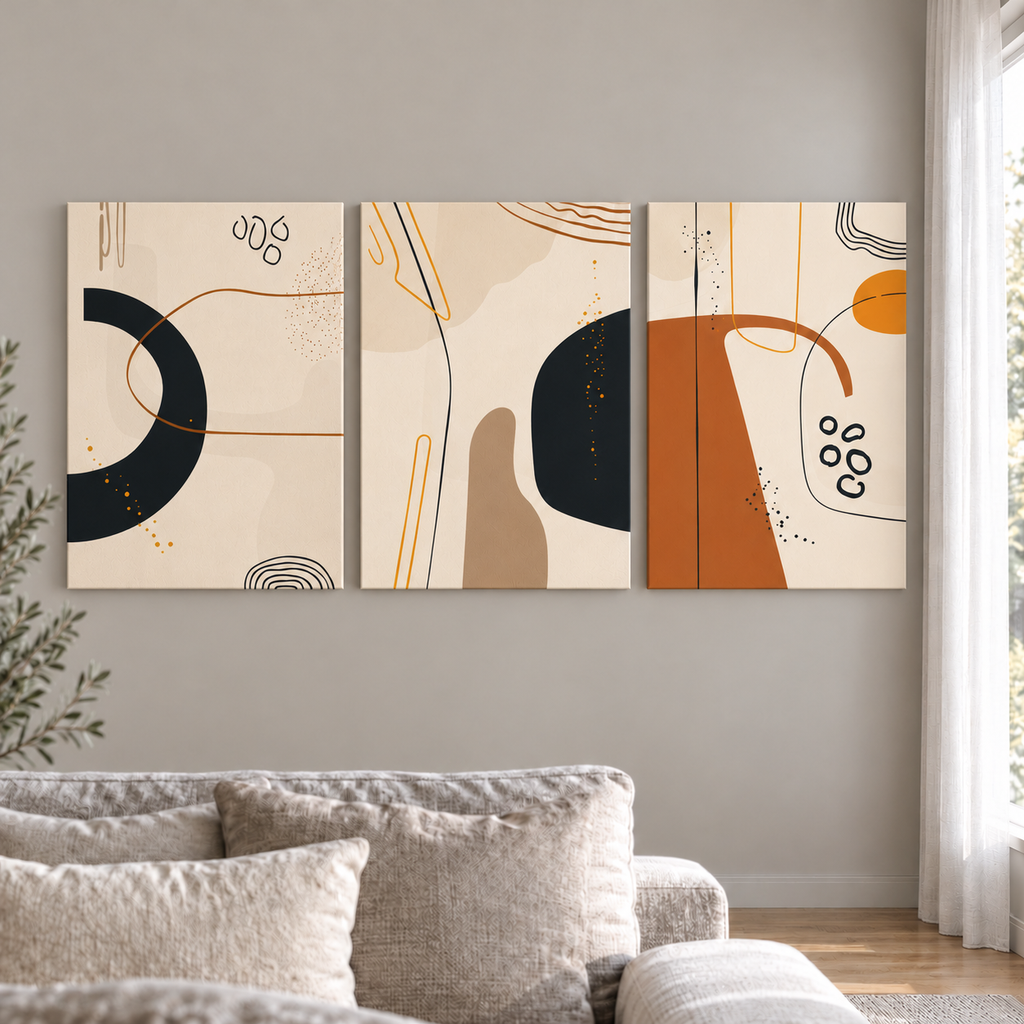 Abstract Flow – сет от 3 картини 5:7 в светъл минималистичен интериор