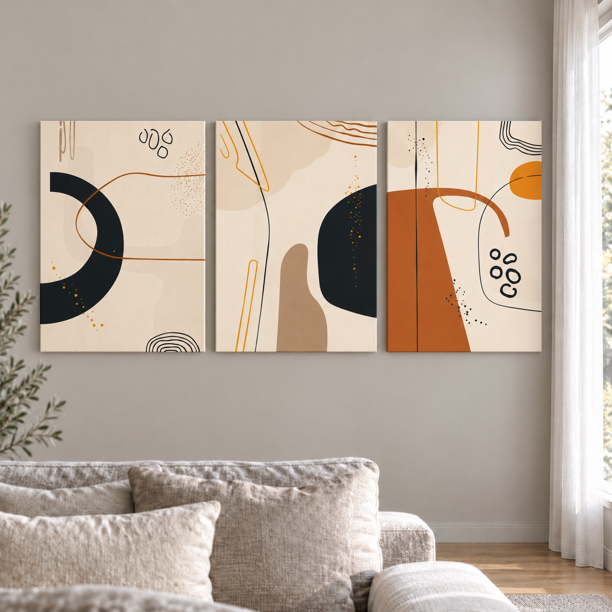 Abstract Flow – сет от 3 картини 5:7 в светъл минималистичен интериор