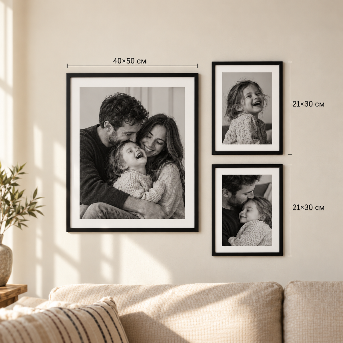 Квадратна семейна галерия с рамки 40×50 и 21×30 см
