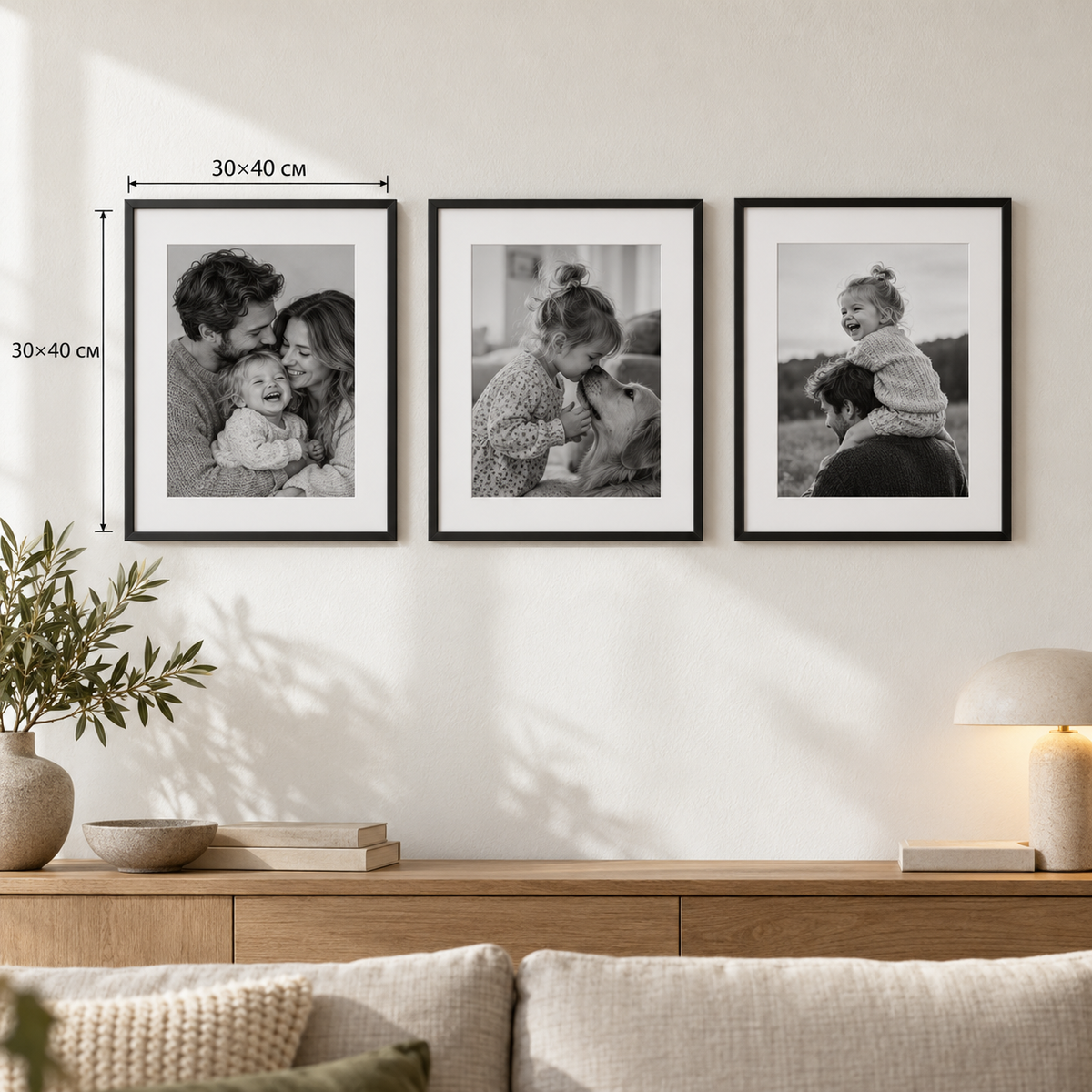 Семейна фотостена с 3 рамки 30×40 см, черно-бели снимки и бяло паспарту