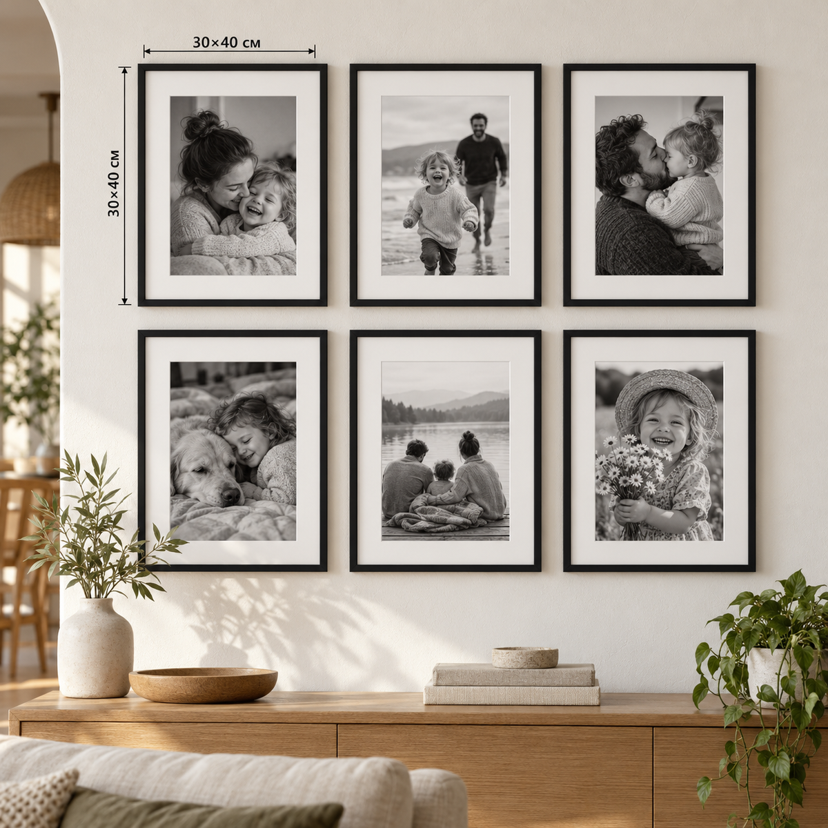 Семейна фотостена с 3 рамки 40×50 см, черно-бели снимки и бяло паспарту