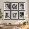 Семейна фотостена с 6 рамки 40×50 см, черно-бели снимки и бяло паспарту