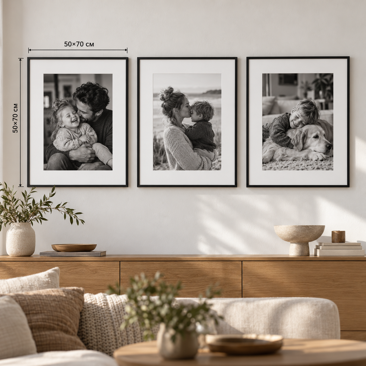 Семейна фотостена с 3 рамки 50×70 см, черно-бели снимки и бяло паспарту