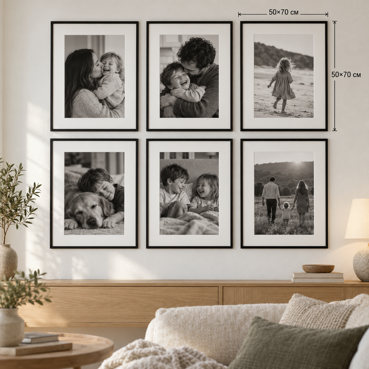 Семейна фотостена с 6 рамки 50×70 см, черно-бели снимки и бяло паспарту