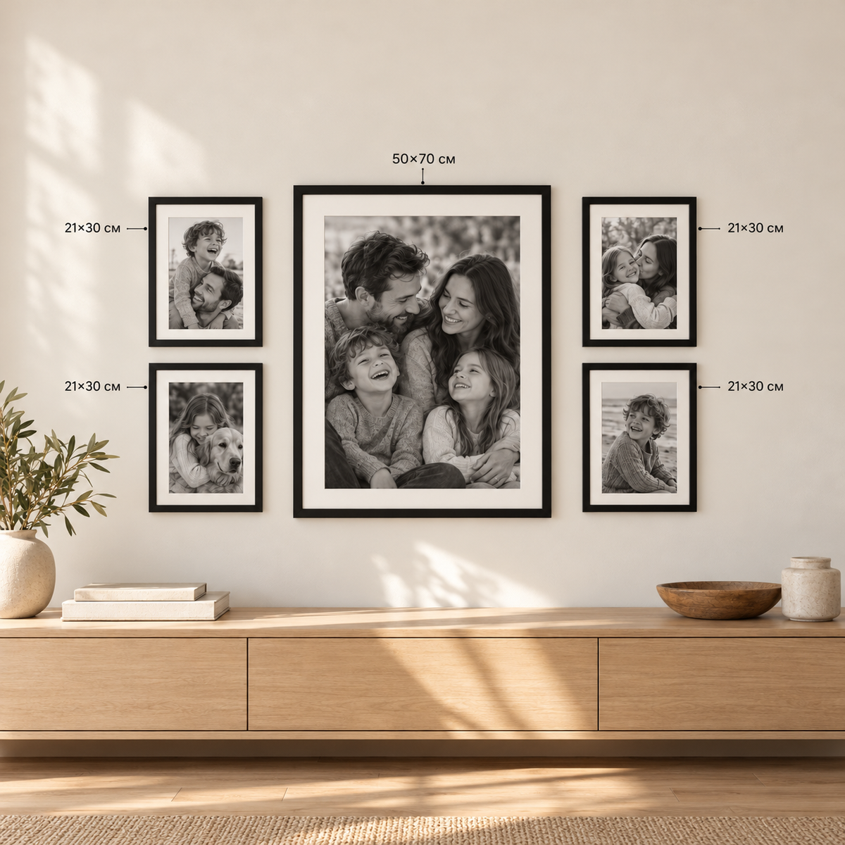 Квадратна фотостена с пет черни рамки и размери