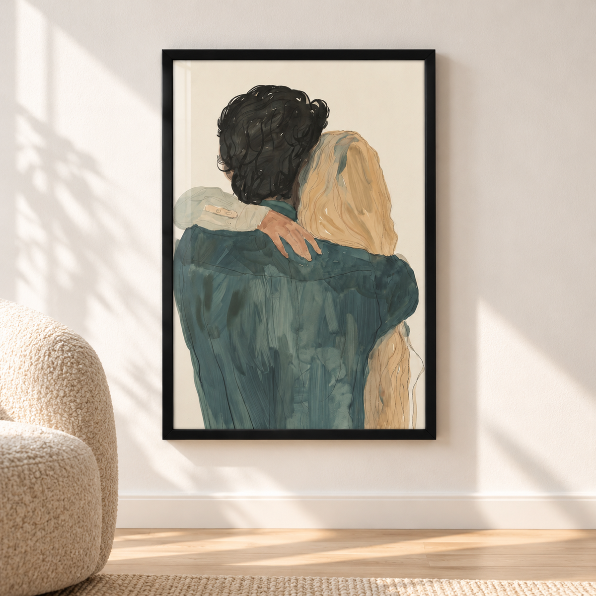 Постер Close Embrace – постер 5:7 в черна рамка със стъкло, светъл минималистичен интериор