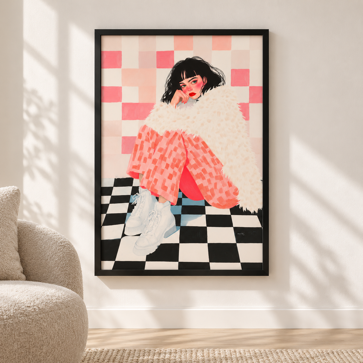 Постер Pink Mood – постер 5:7 в черна рамка със стъкло, светъл минималистичен интериор