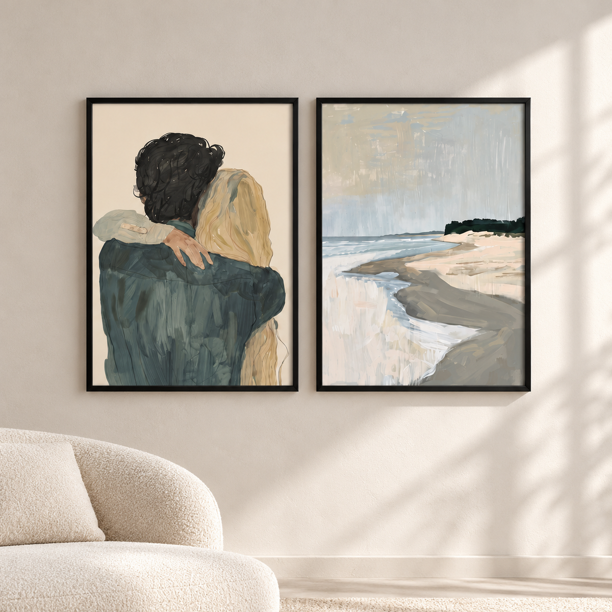 Сет от 2 постера - Coastal Embrace – сет от 2 постера 5:7 в черни рамки със стъкло, светъл минималистичен интериор