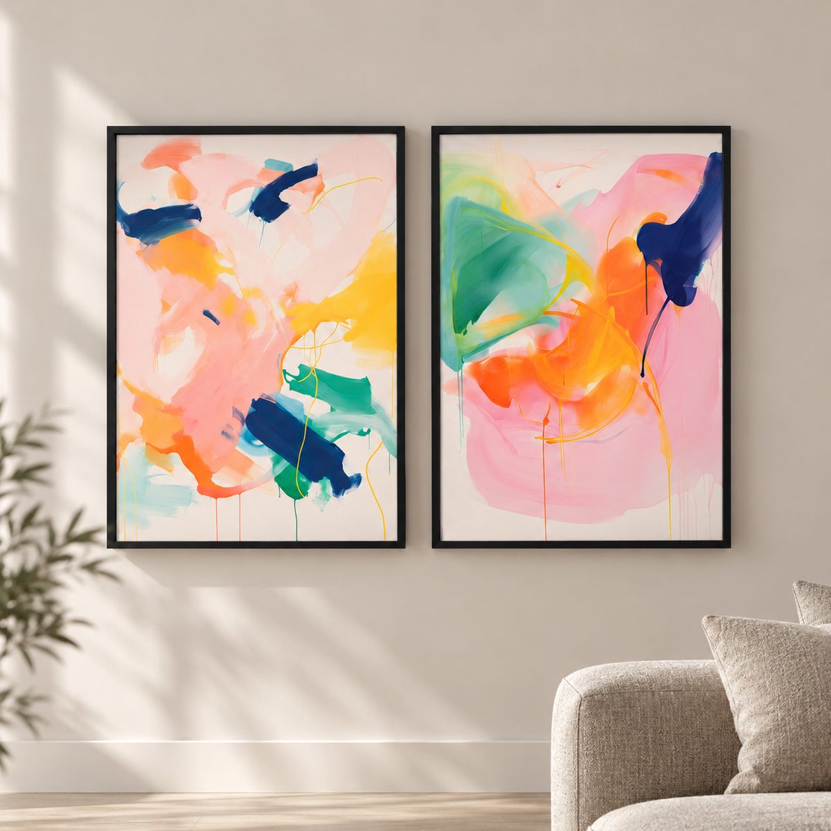 Сет от 2 постера - Color Flow – сет от 2 постера 5:7 в черни рамки със стъкло, светъл минималистичен интериор