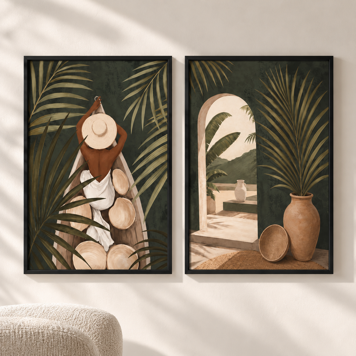 Сет от 2 постера - Tropical Escape – сет от 2 постера 5:7 в черни рамки със стъкло, светъл минималистичен интериор