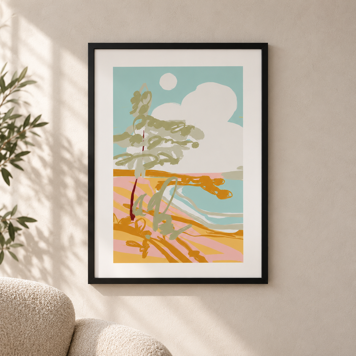 Постер  Coastal Breeze – постер 5:7 в черна рамка със стъкло, светъл минималистичен интериор