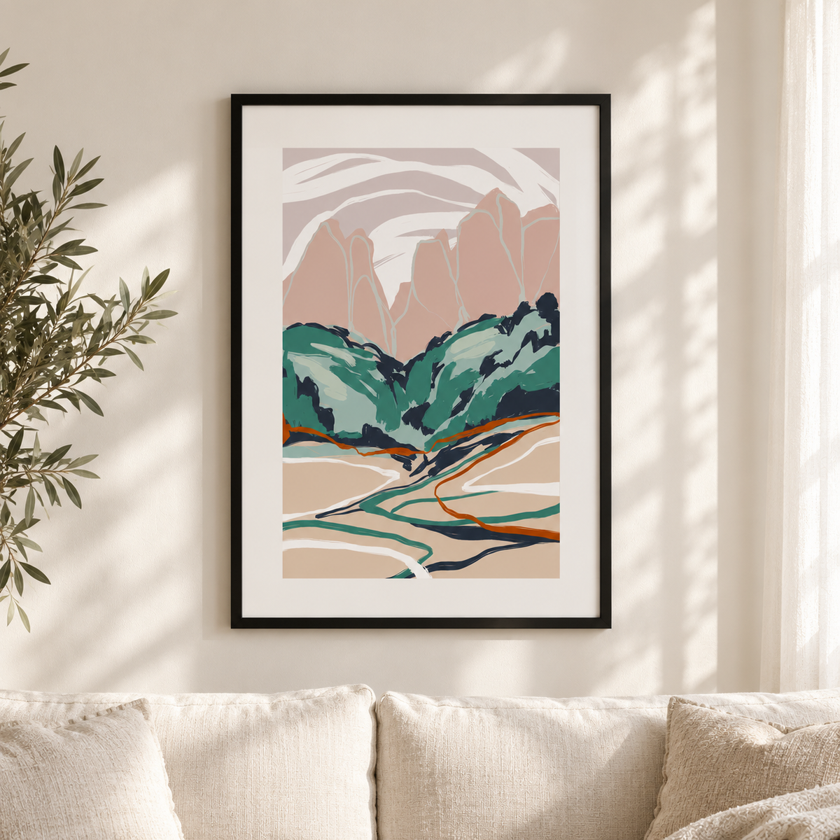 Постер  Emerald Peaks – постер 5:7 в черна рамка със стъкло, светъл минималистичен интериор
