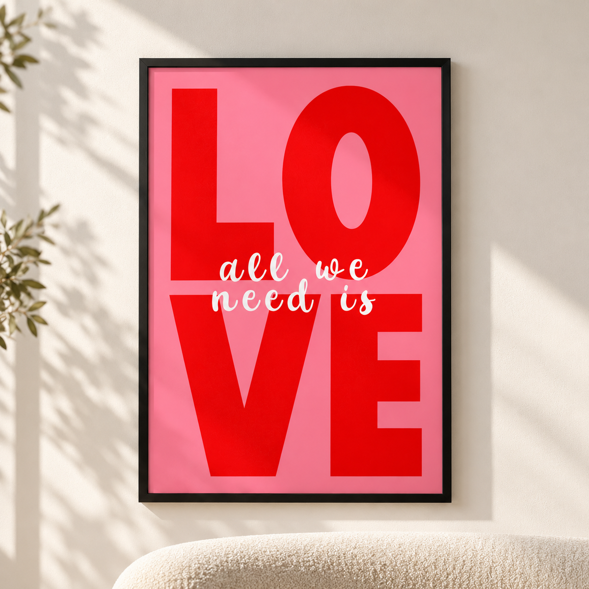 Постер All We Need Is Love – постер 5:7 в черна рамка със стъкло, светъл минималистичен интериор
