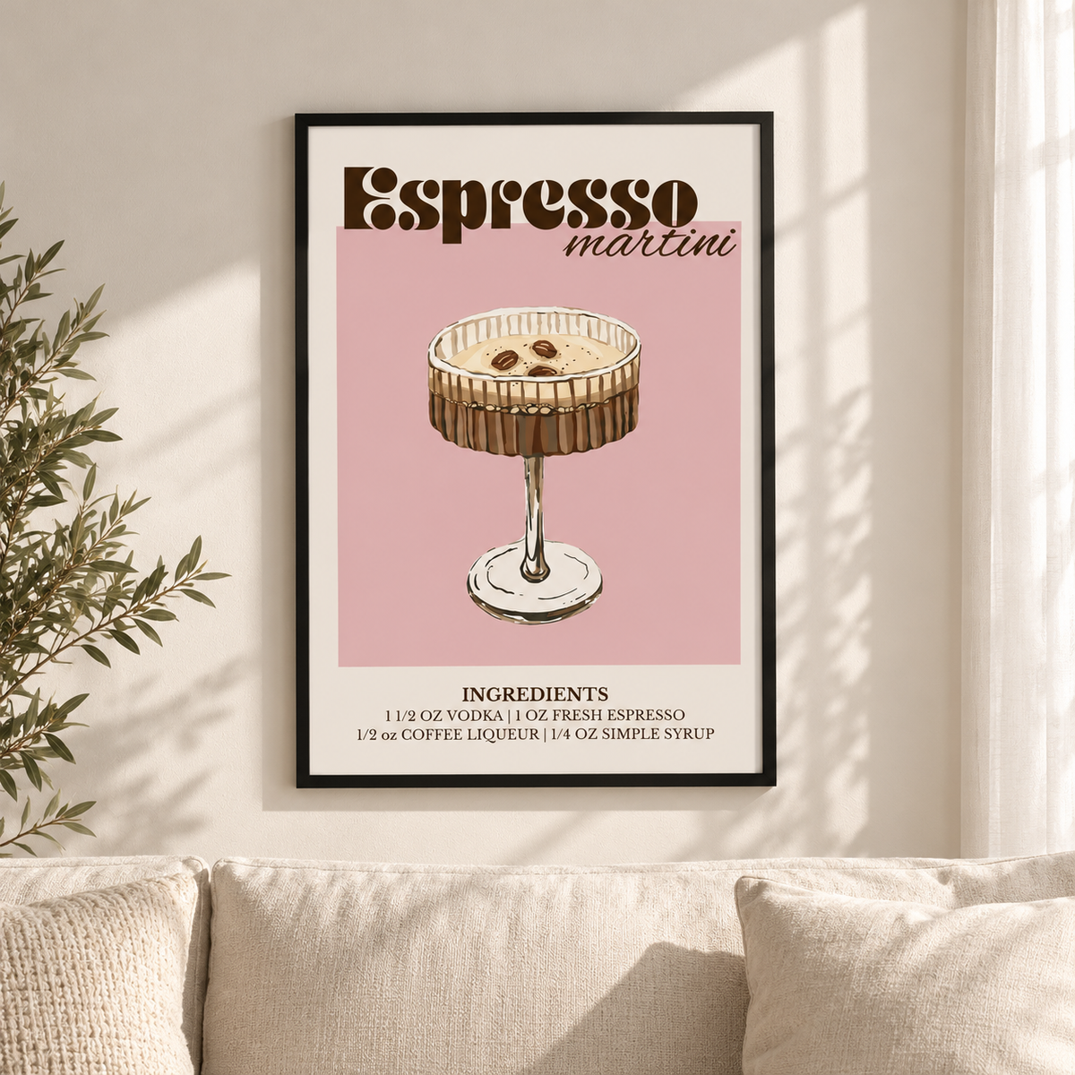 Постер Espresso Martini – постер 5:7 в черна рамка със стъкло, светъл минималистичен интериор