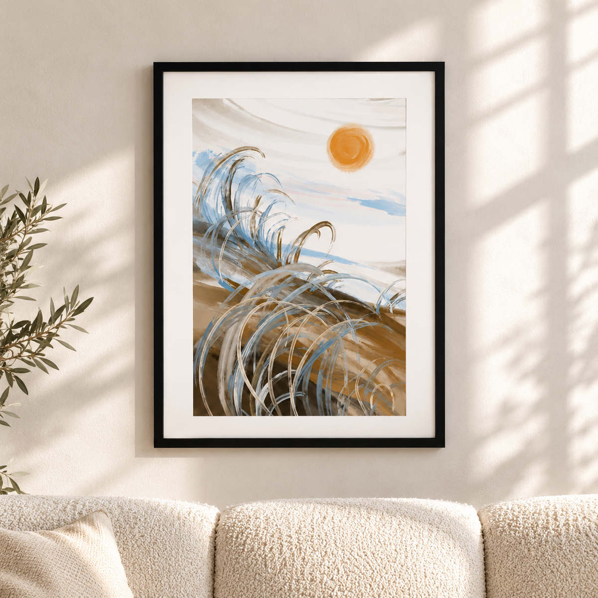 Постер Golden Dunes – постер 5:7 в черна рамка със стъкло, светъл минималистичен интериор