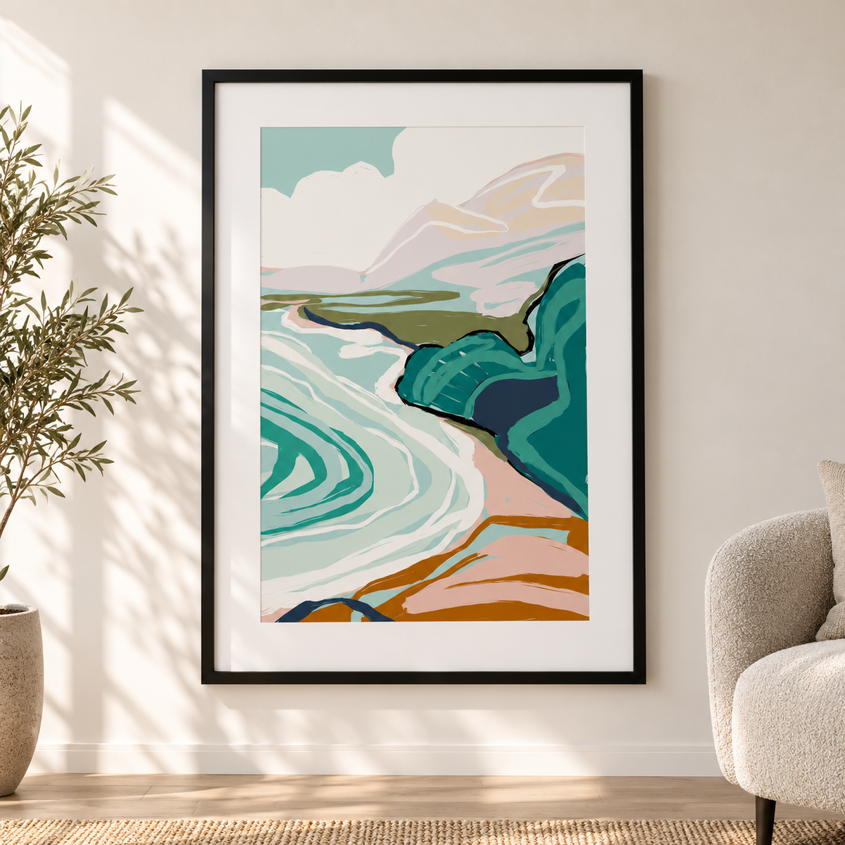 Постер Serene Coast – постер 5:7 в черна рамка със стъкло, светъл минималистичен интериор