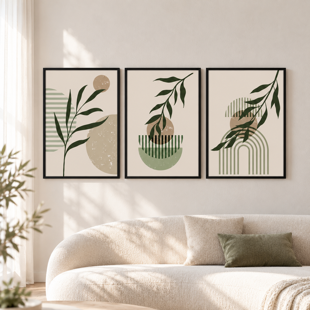 Сет от 3 постера - Botanical Harmony – комплект постери 5:7 в черна рамкаи със стъкло, светъл минималистичен интериор
