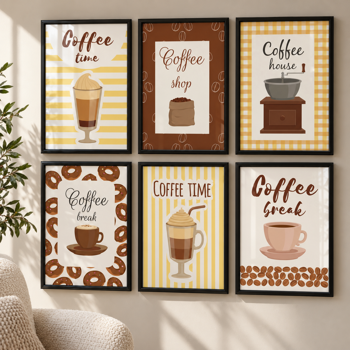 Сет от 6 постера - Coffee Corner – комплект постери 5:7 в черни рамки със стъкло, светъл минималистичен интериор