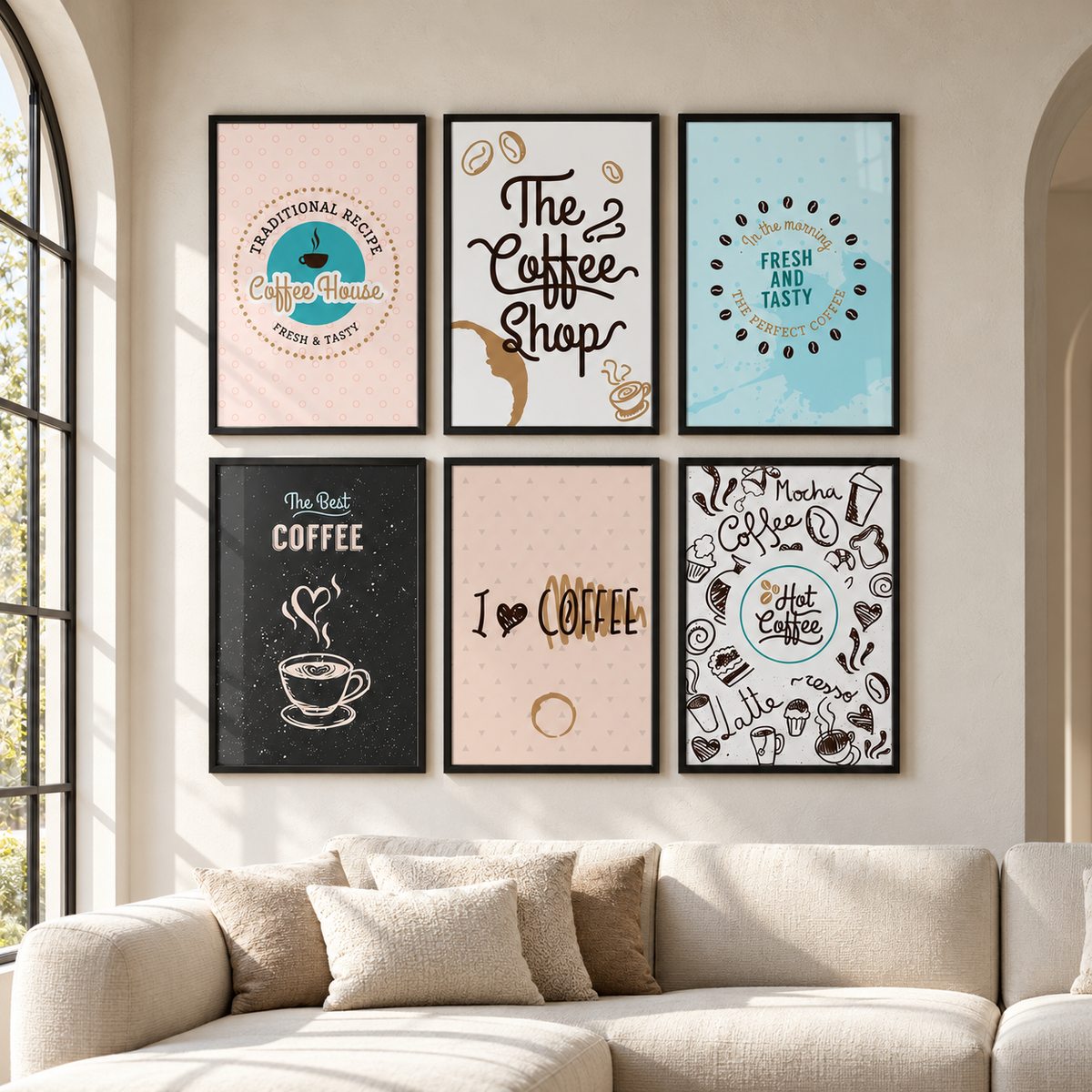 Сет от 6 постера - Coffee House – комплект постери 5:7 в черни рамки със стъкло, светъл минималистичен интериор