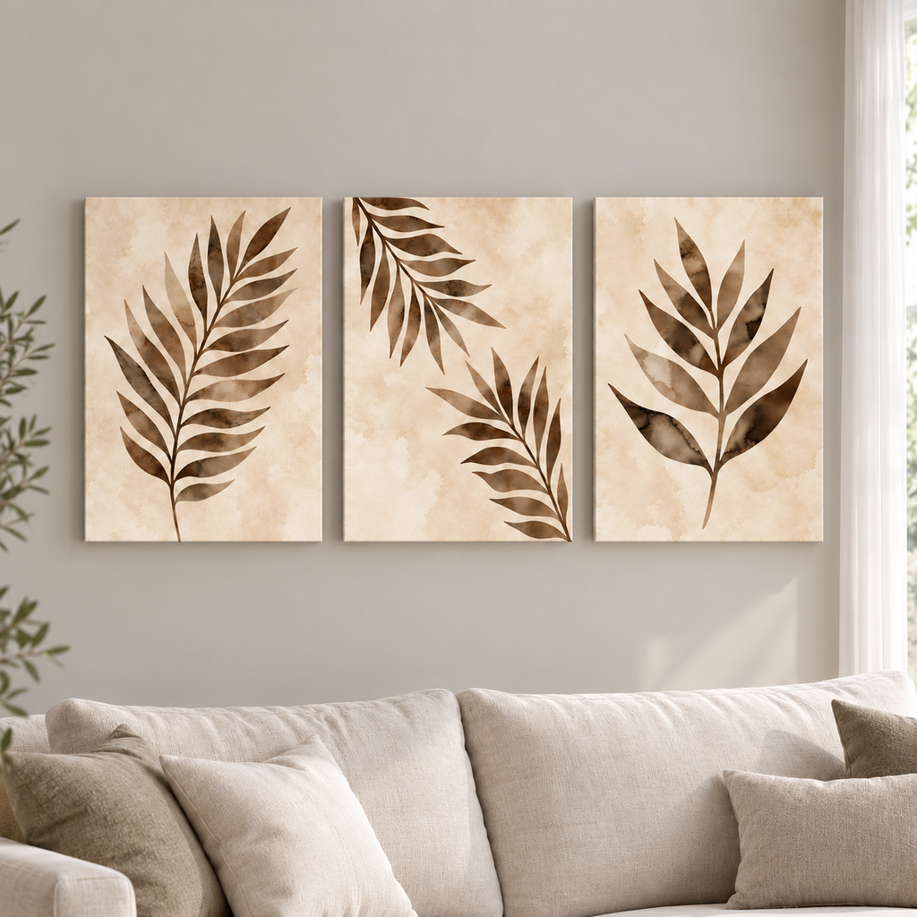 Sepia Leaves – сет от 3 картини 5:7 в светъл минималистичен интериор